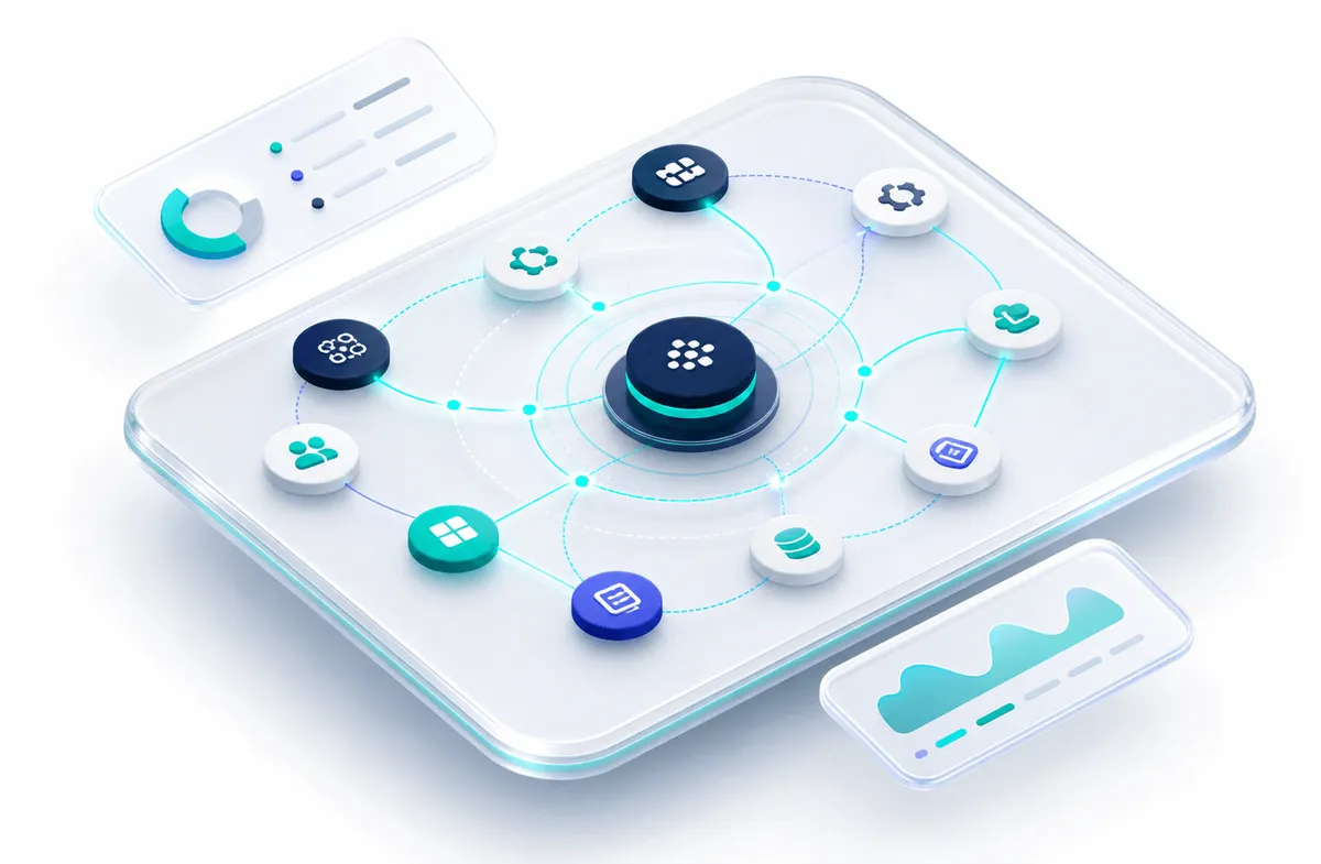 A radial map with Salesforce intelligence at the center, connected outward to analytics, people, documents, and cloud systems