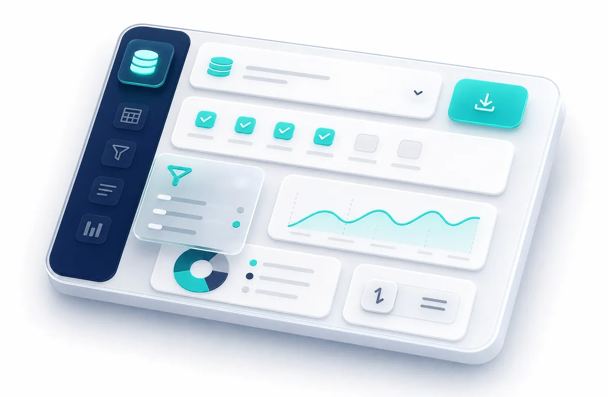 A report builder pulling fields and filters from multiple governed data sources into one unified view